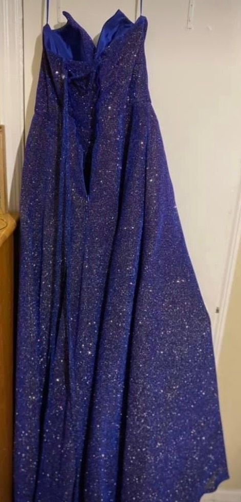 Cinderella divine Size 12 Prom Strapless Sequined Navy Blue Ball Gown on Queenly