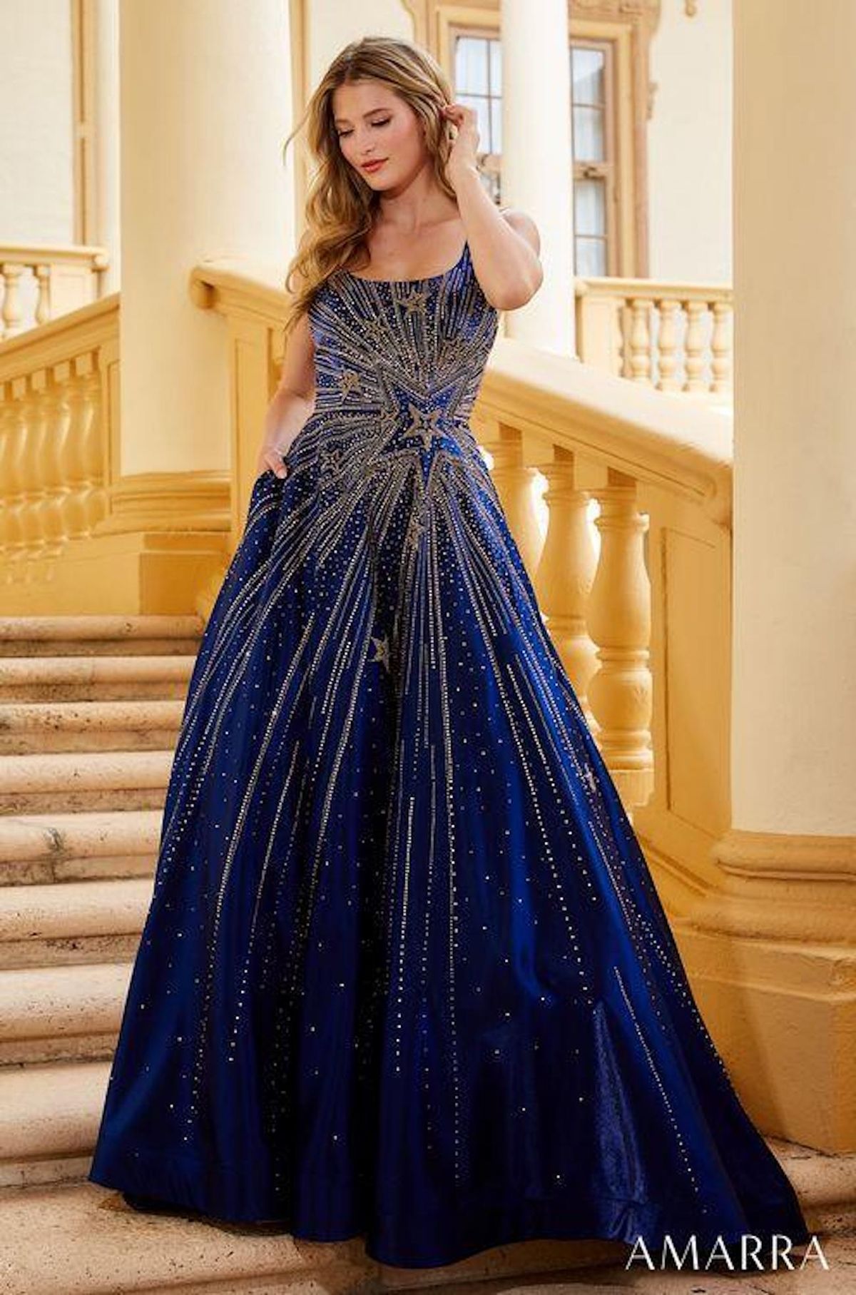 Style Caroline Amarra Size 14 Prom Lace Navy Blue Ball Gown on Queenly