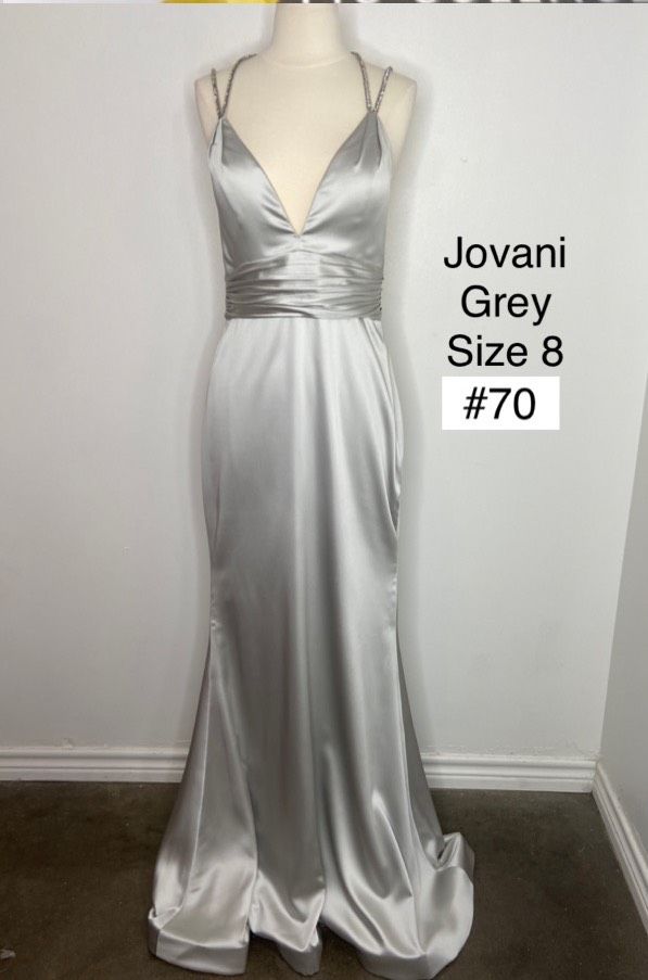 Sherri Hill Size 8 Wedding Plunge Satin Silver Floor Length Maxi on Queenly