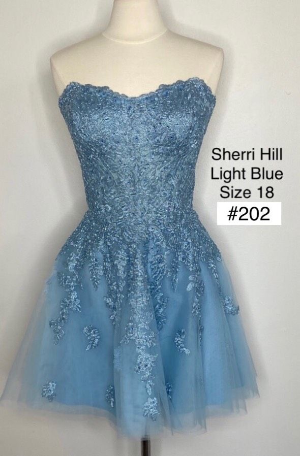 Sherri Hill Plus Size 18 Strapless Sequined Light Blue A-line Dress on Queenly