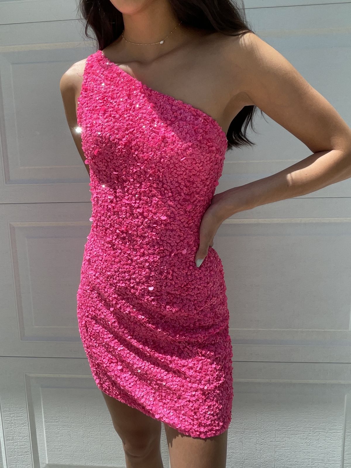 Style 54403 Sherri Hill Size 0 Homecoming Sequined Hot Pink Cocktail Dress on Queenly