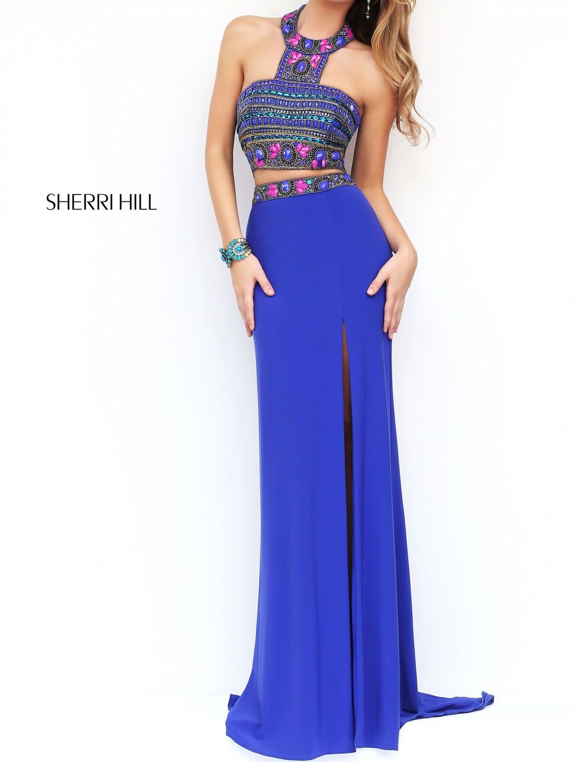 Sherri Hill Size 10 Prom Sequined Blue Side Slit Dress on Queenly