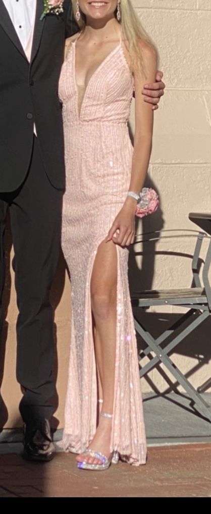 Size 0 Prom Sequined Light Pink Side Slit Dress on Queenly