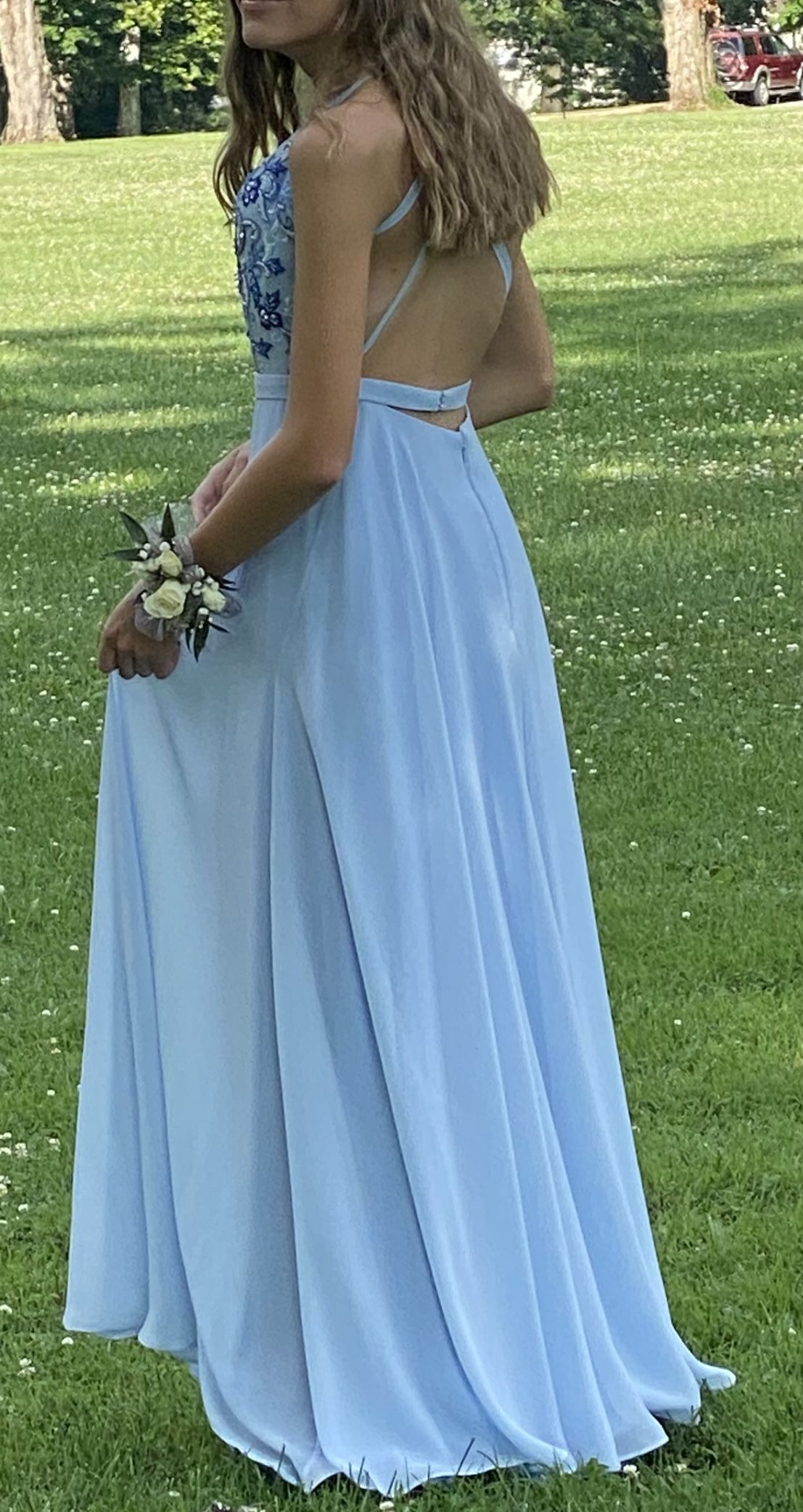 Size 0 Prom Sequined Light Blue Side Slit Dress on Queenly