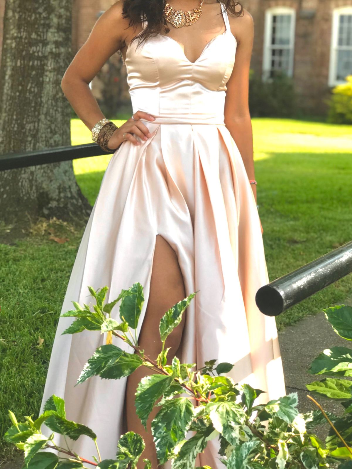 Size 2 Prom Satin Nude Dress With Train on Queenly
