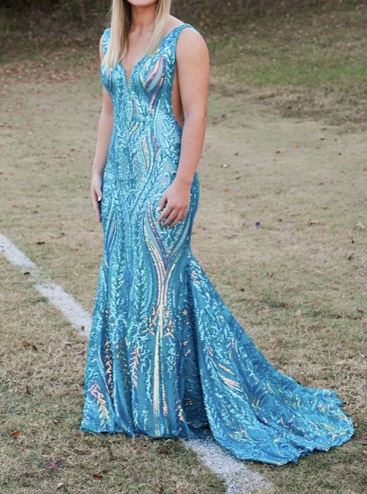 Style 22770 Jovani Size 4 Prom Plunge Sequined Blue Mermaid Dress on Queenly