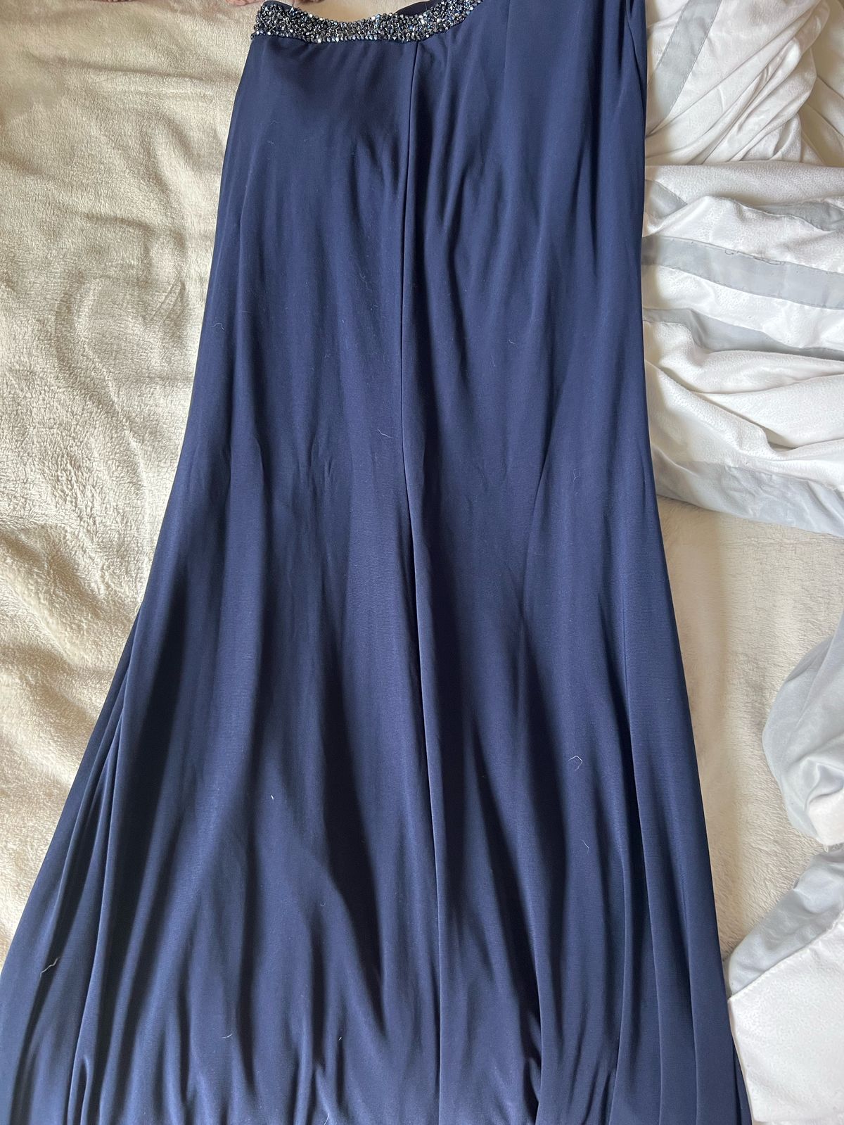 Jovani Size 6 Bridesmaid Halter Lace Navy Blue Side Slit Dress on Queenly