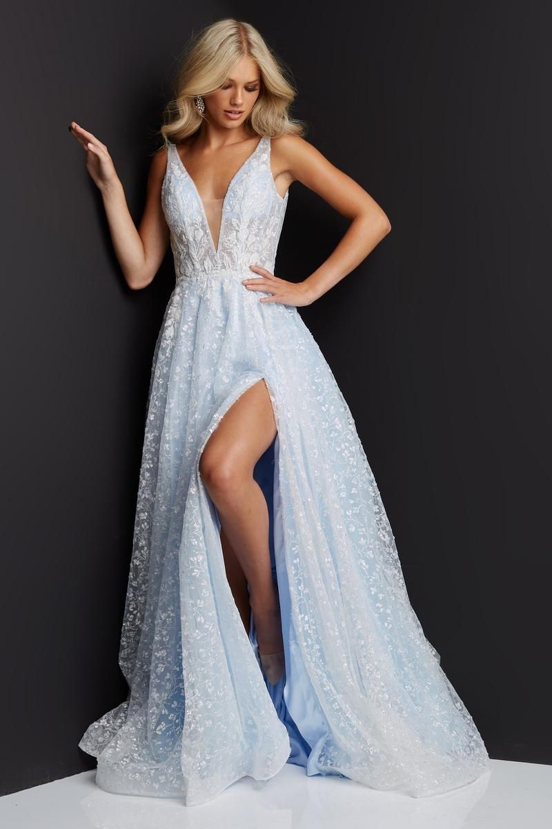 Style JVN08421 Jovani Plus Size 16 Prom Sheer Light Blue Side Slit Dress on Queenly