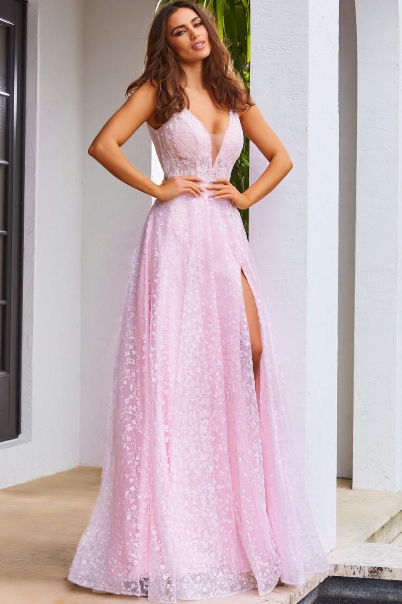 Style JVN08421 Jovani Size 8 Prom Sheer Light Pink Side Slit Dress on Queenly