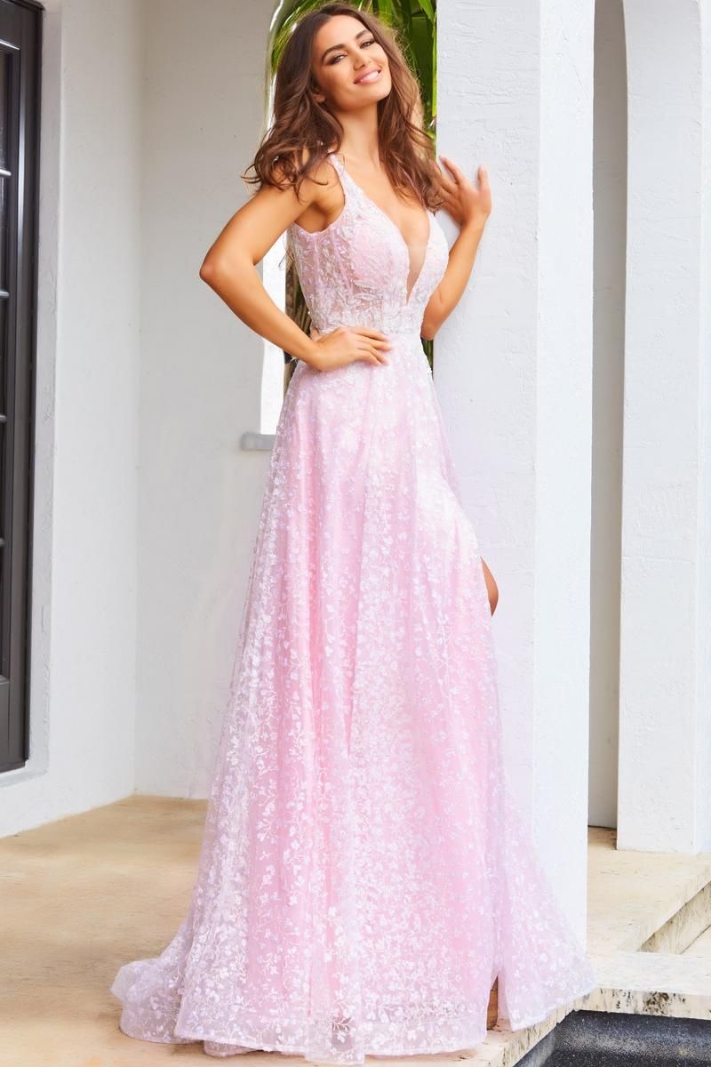 Style JVN08421 Jovani Size 8 Prom Sheer Light Pink Side Slit Dress on Queenly