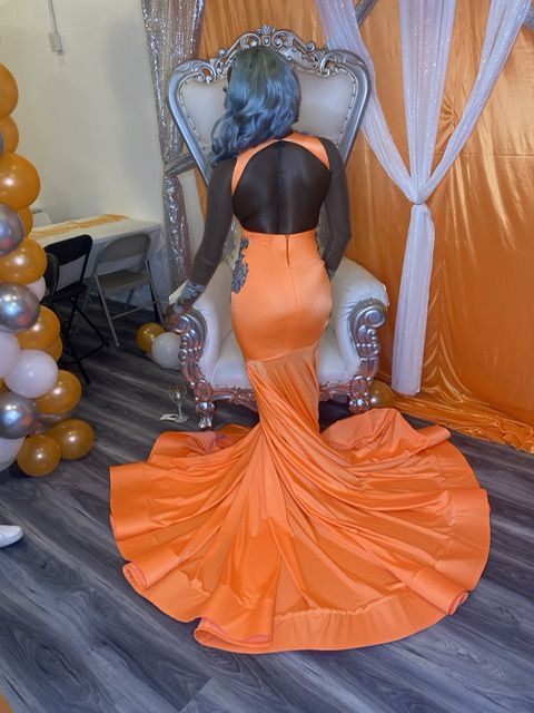 Size 8 Prom High Neck Sequined Orange Dress With Train on Queenly