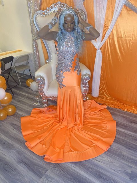 Size 8 Prom High Neck Sequined Orange Dress With Train on Queenly