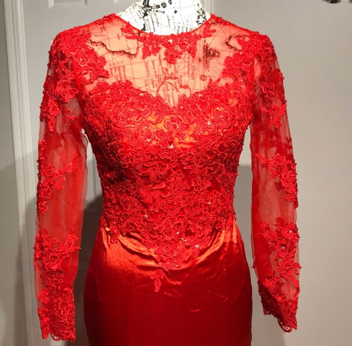 Size 00 Prom Long Sleeve Lace Red Mermaid Dress on Queenly