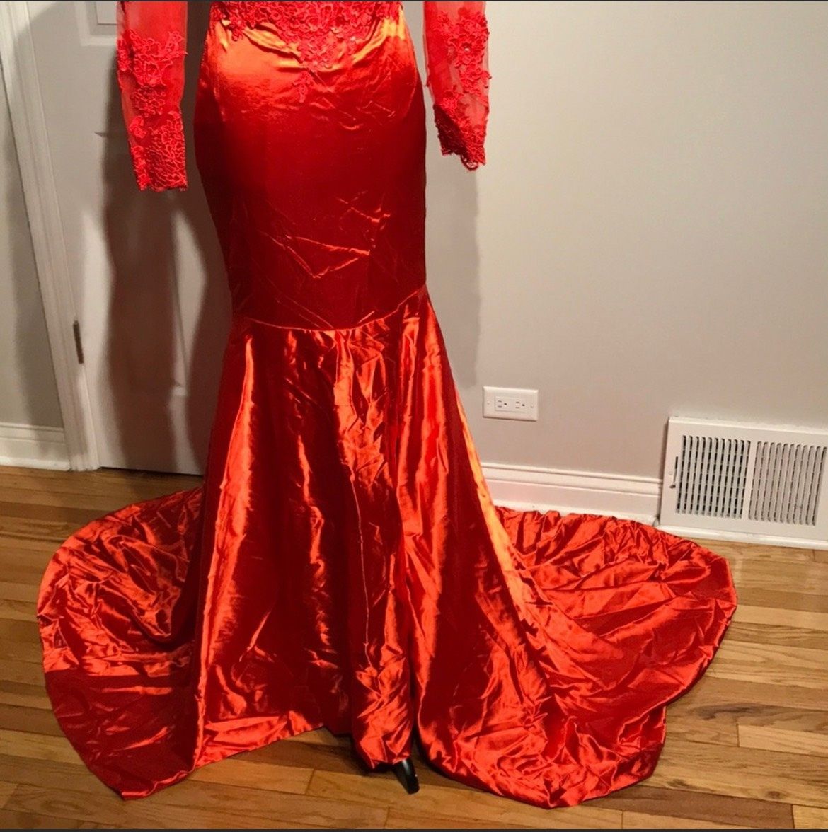 Size 00 Prom Long Sleeve Lace Red Mermaid Dress on Queenly