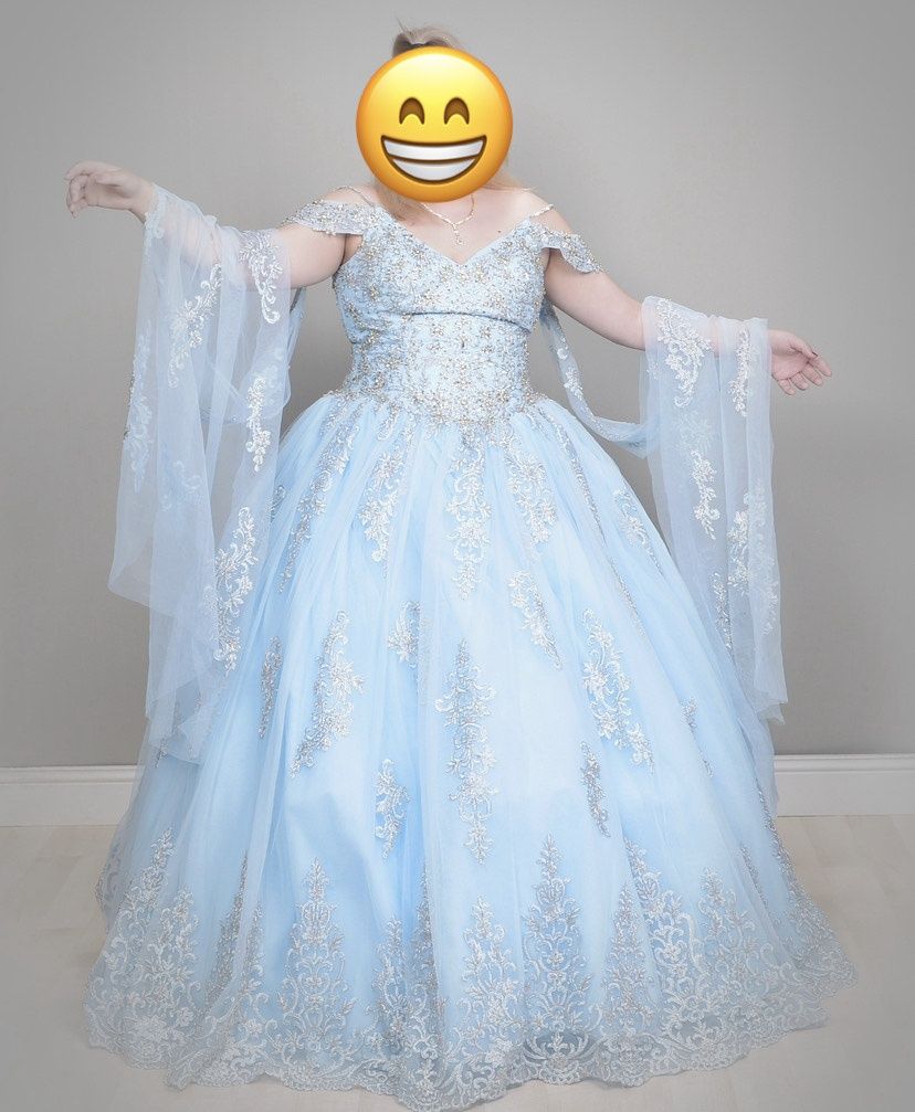 Plus Size 18 Prom Sequined Light Blue Ball Gown on Queenly