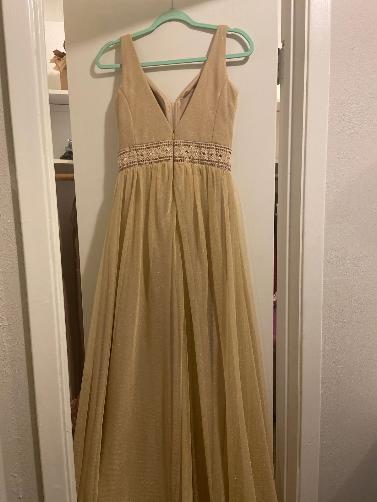 Oleg Cassini Size 0 Wedding Guest Satin Nude Dress With Train on Queenly