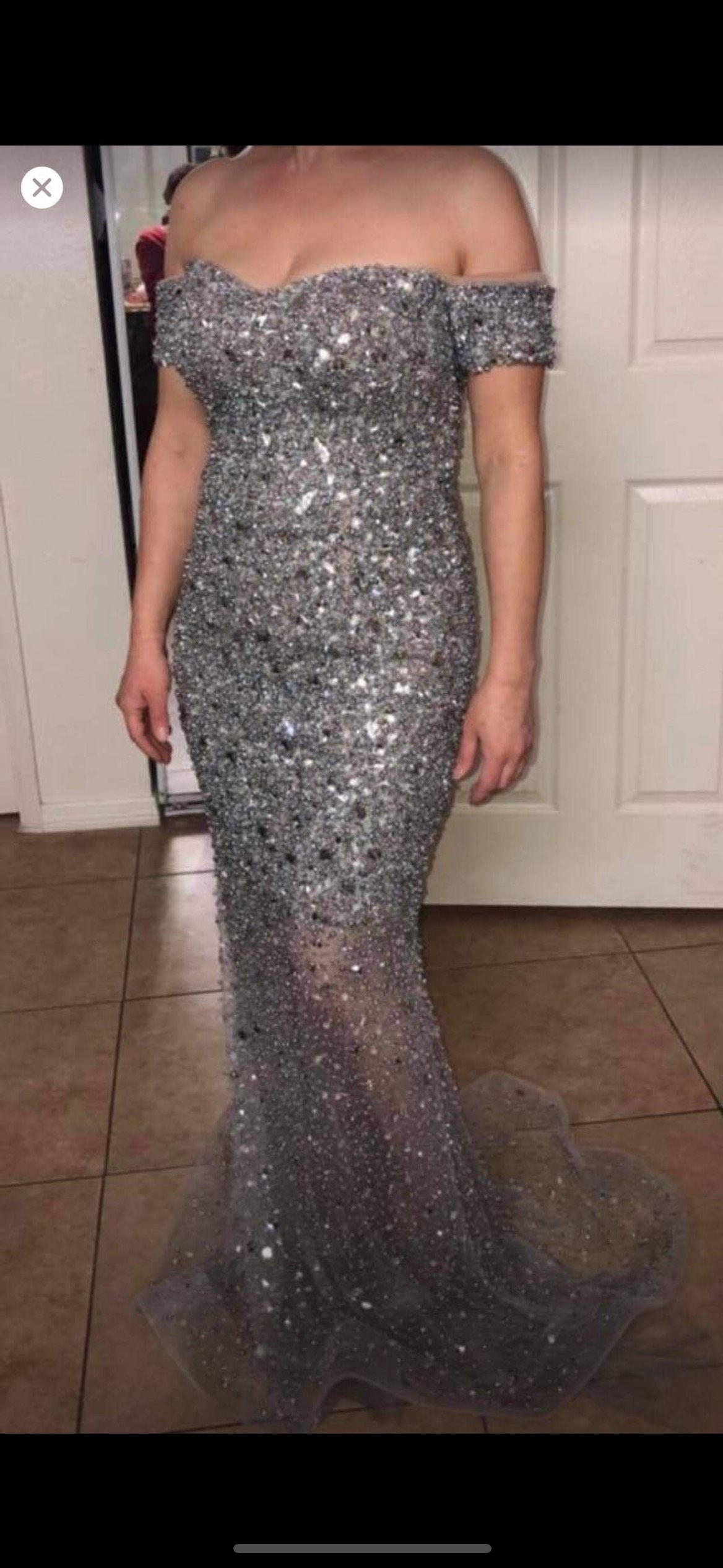 Jovani Size 4 Prom Off The Shoulder Sequined Silver Mermaid Dress on Queenly