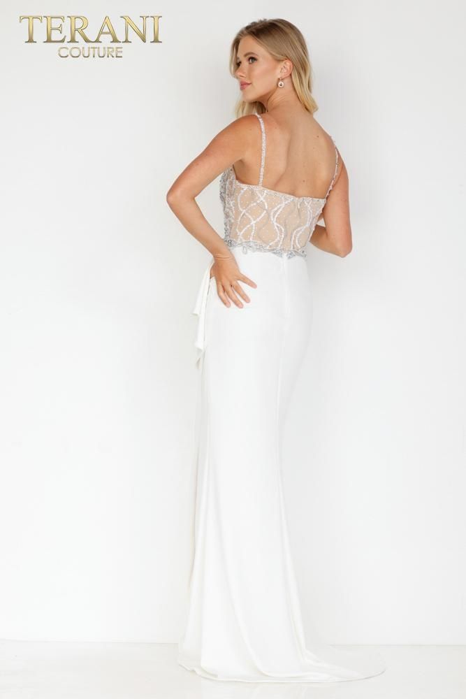 Style 2221E0352 Terani Couture Size 4 Wedding Sequined White Side Slit Dress on Queenly