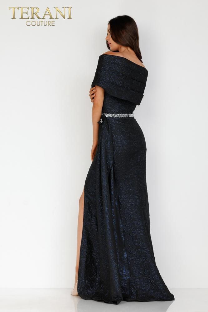 Style 2011E2105 Terani Couture Size 8 Navy Blue Side Slit Dress on Queenly