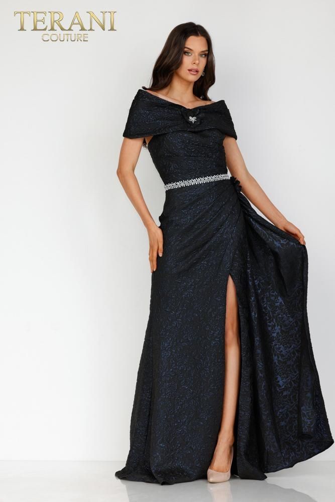 Style 2011E2105 Terani Couture Size 8 Navy Blue Side Slit Dress on Queenly