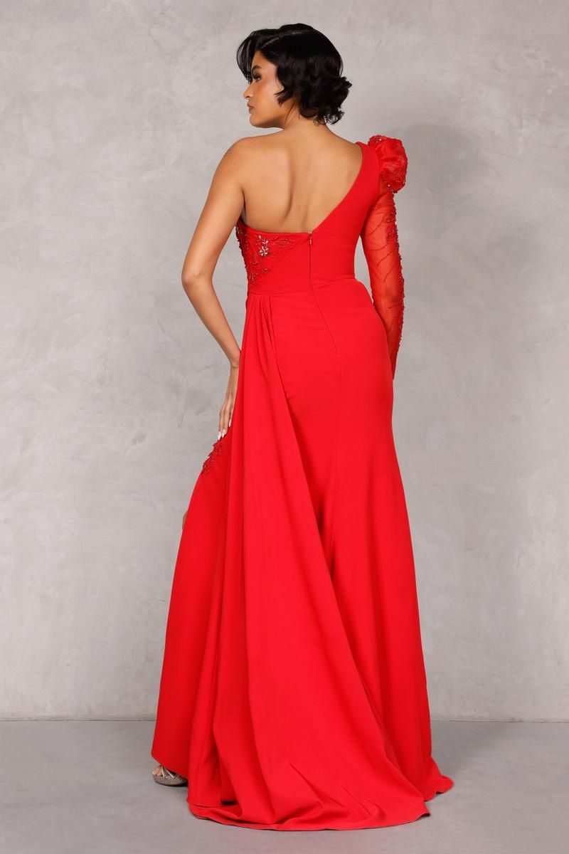 Style 2214E0164 Terani Couture Size 6 Pageant Red Side Slit Dress on Queenly