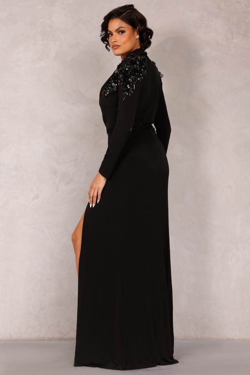Style 1822E7260 Terani Couture Size 12 Black Side Slit Dress on Queenly