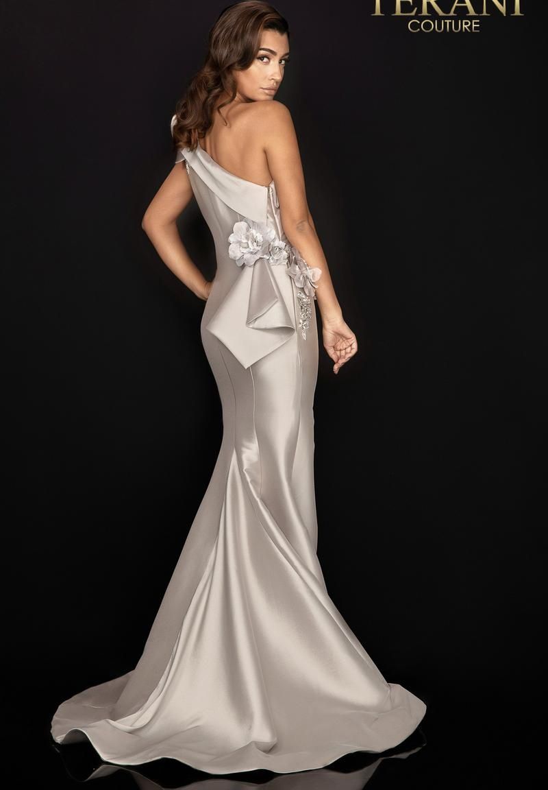 Style 2011E2427 Terani Couture Size 8 Prom Satin Nude Side Slit Dress on Queenly
