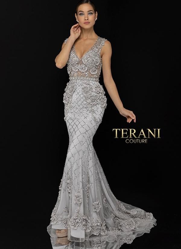 Style 1722GL4488 Terani Couture Plus Size 20 Pageant Silver Mermaid Dress on Queenly