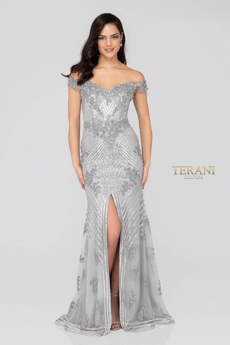 Style 1912GL9572 Terani Couture Size 4 Pageant Silver Mermaid Dress on Queenly