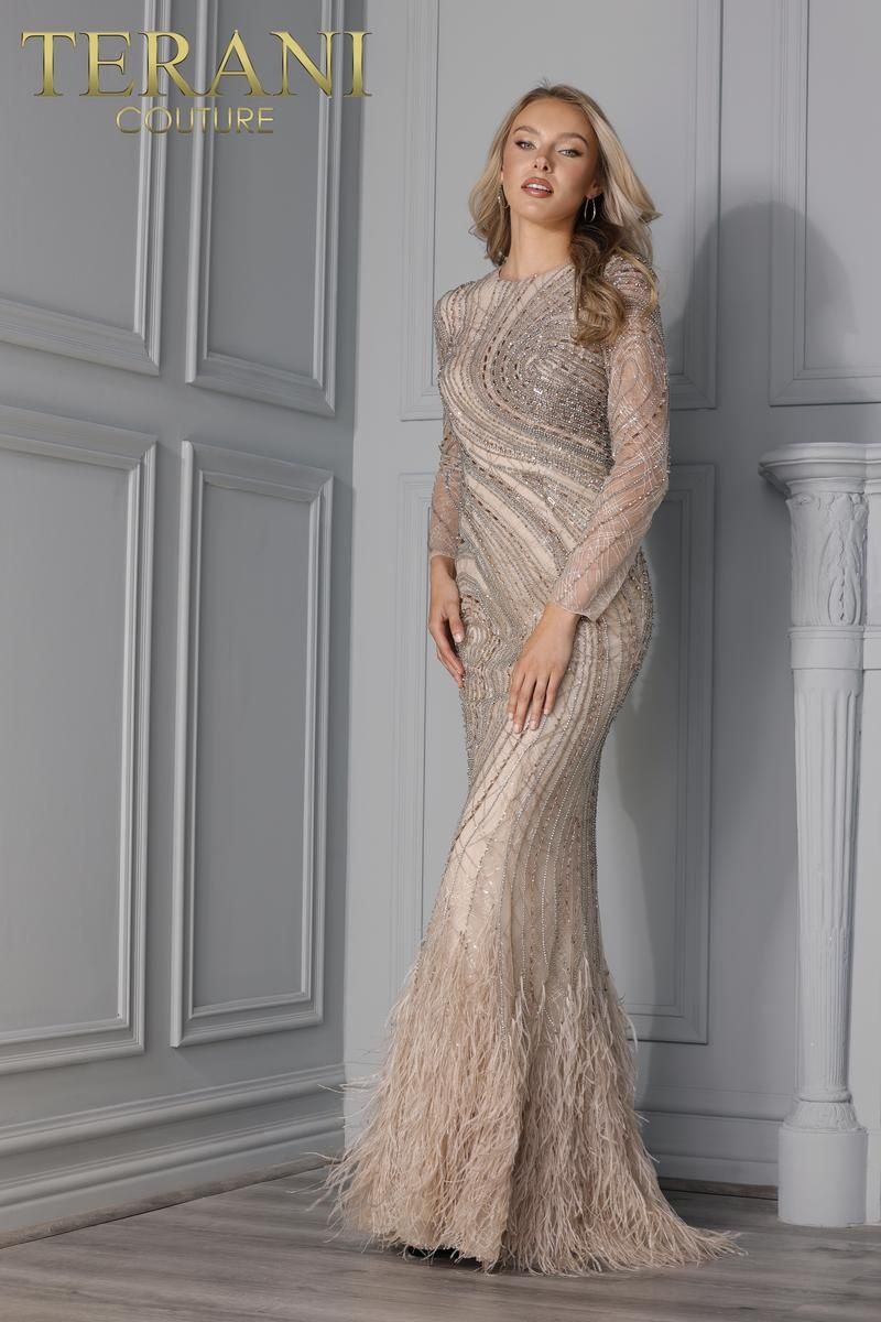 Style 2215GL0107 Terani Couture Size 8 Prom Sequined Nude Mermaid Dress on Queenly