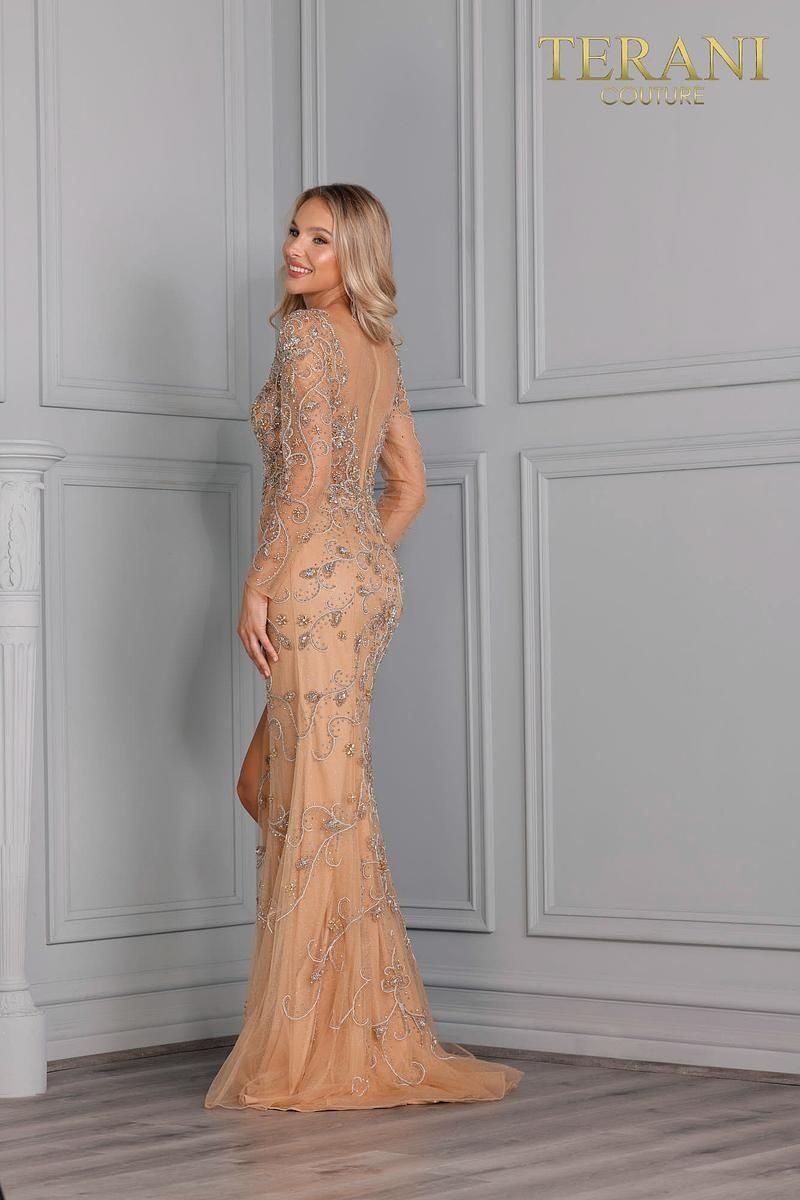 Style 2111GL5023 Terani Couture Size 6 Prom Sequined Nude Side Slit Dress on Queenly