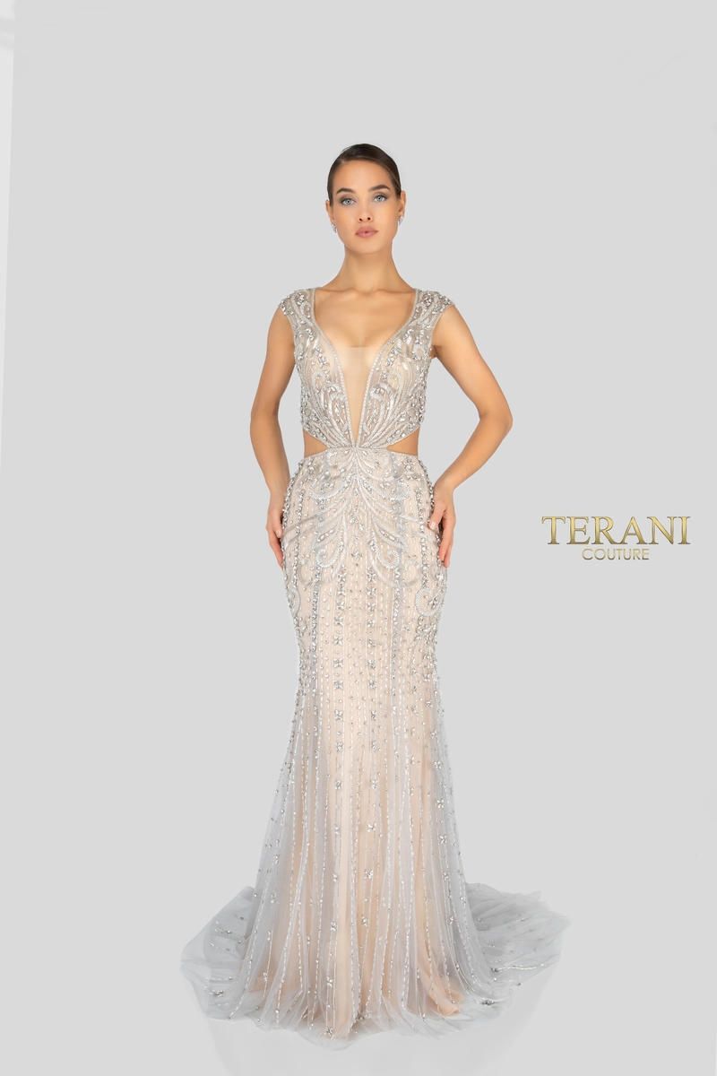 Style 1911GL9500 Terani Couture Size 6 Pageant Sequined Silver Floor Length Maxi on Queenly