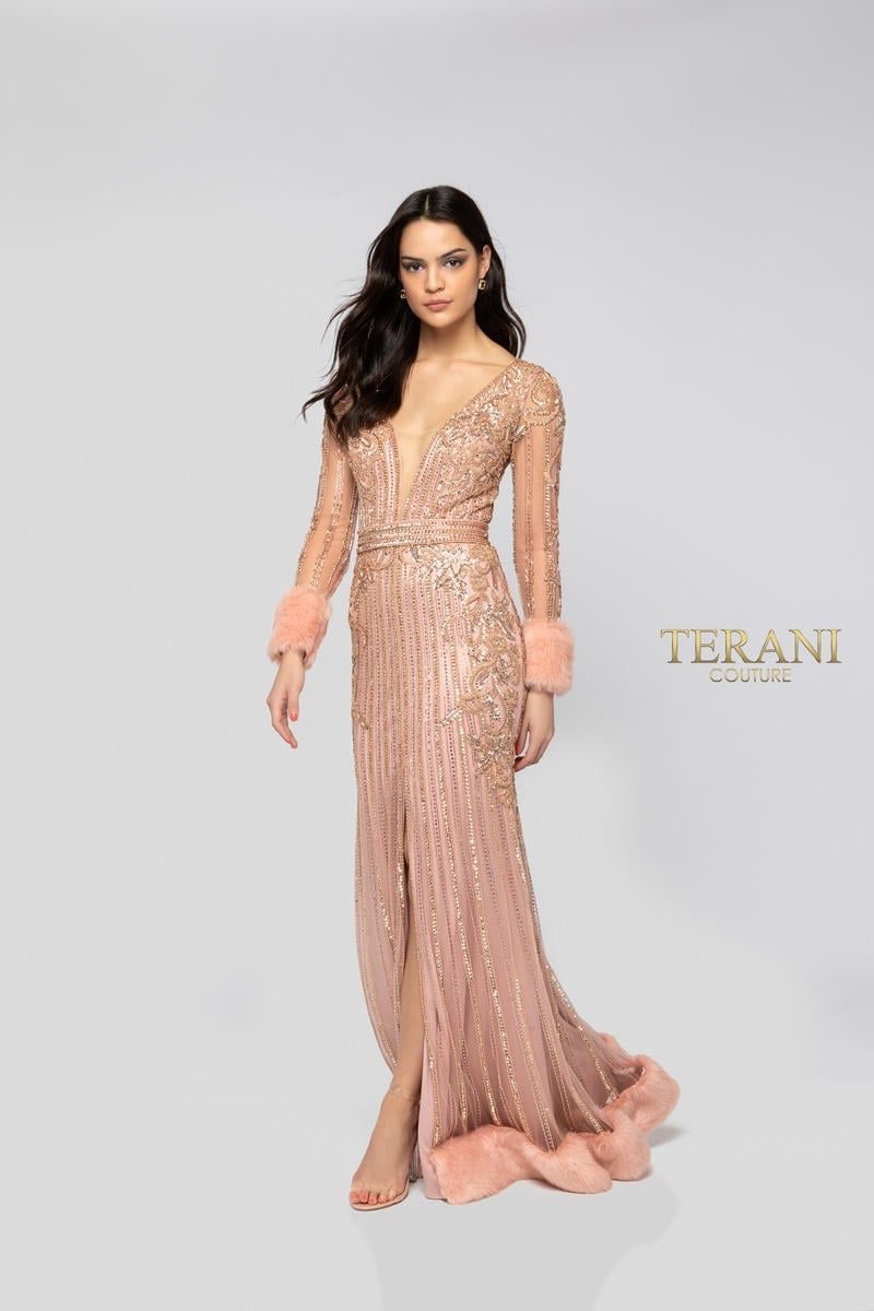 Style 1911GL9499 Terani Couture Size 4 Pageant Rose Gold Side Slit Dress on Queenly