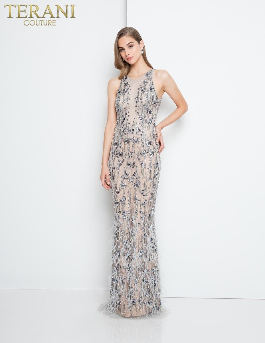 Style 1811GL6454 Terani Couture Size 6 Prom Sequined Nude Floor Length Maxi on Queenly