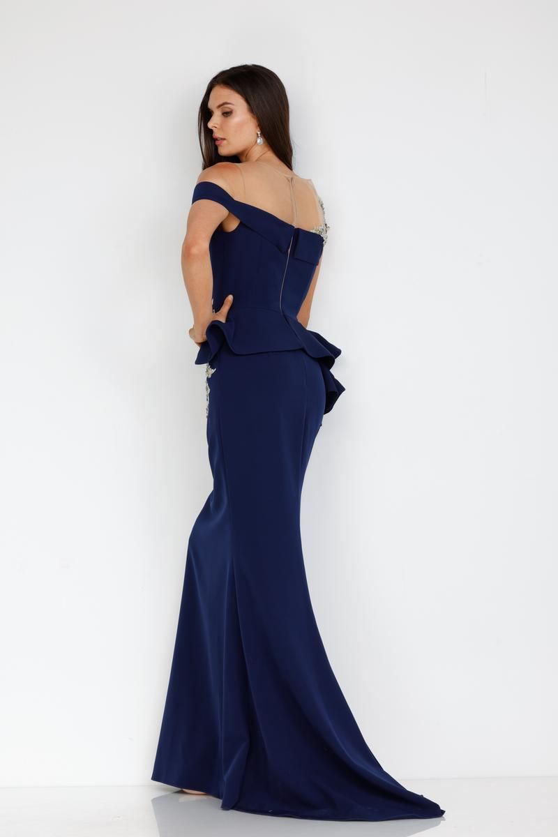Style 2111M5260 Terani Couture Size 8 Pageant Navy Blue Side Slit Dress on Queenly