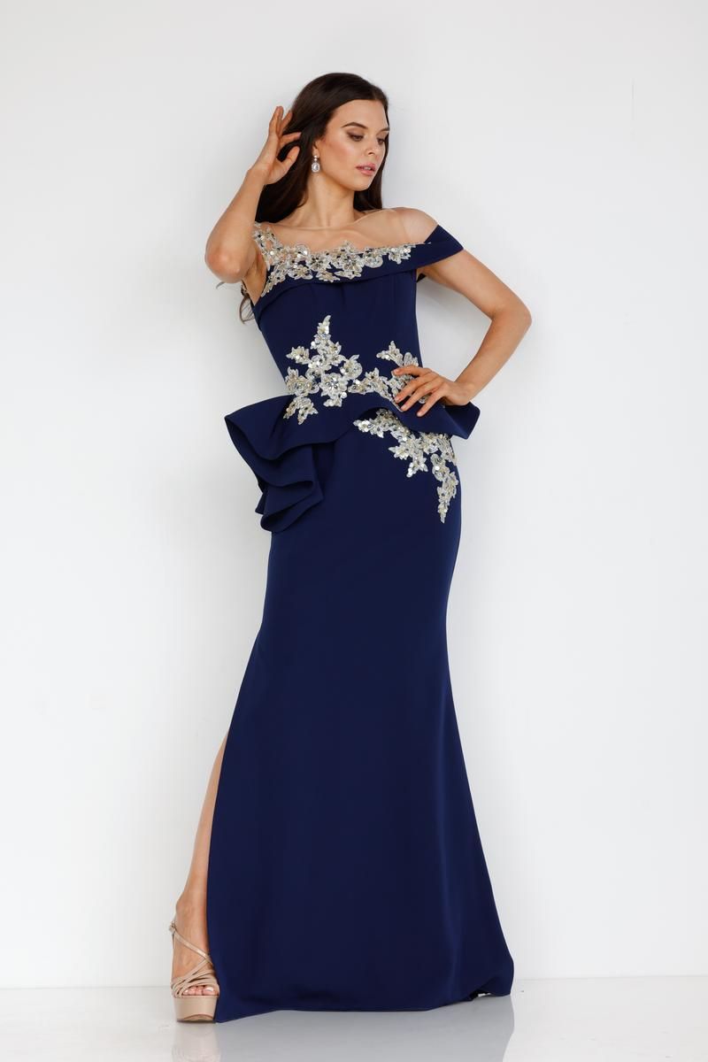 Style 2111M5260 Terani Couture Size 8 Pageant Navy Blue Side Slit Dress on Queenly