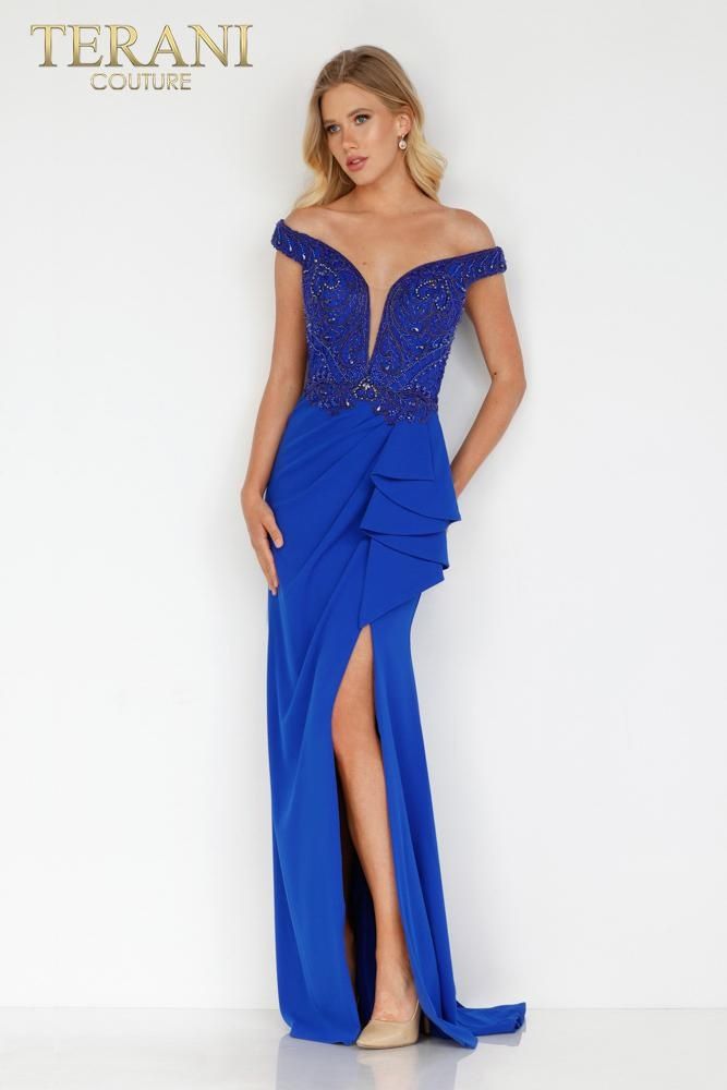 Style 2221M0381 Terani Couture Plus Size 20 Pageant Royal Blue Side Slit Dress on Queenly