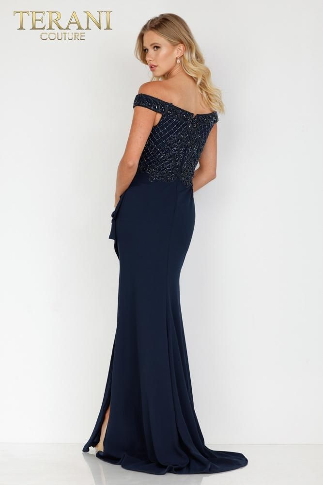 Style 2221M0381 Terani Couture Size 8 Pageant Navy Blue Side Slit Dress on Queenly