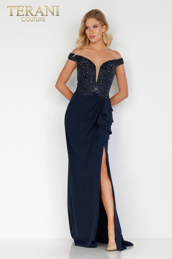 Style 2221M0381 Terani Couture Size 8 Pageant Navy Blue Side Slit Dress on Queenly