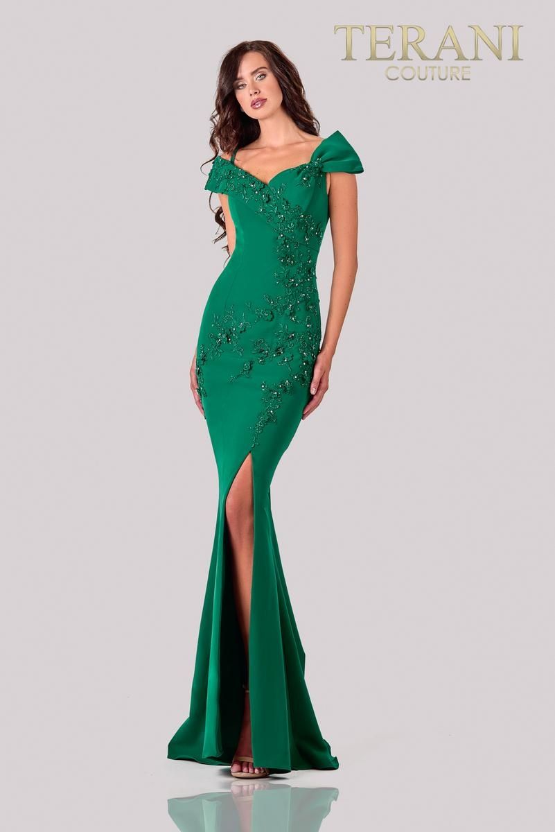 Style 2111M5261 Terani Couture Size 14 Pageant Emerald Green Side Slit Dress on Queenly