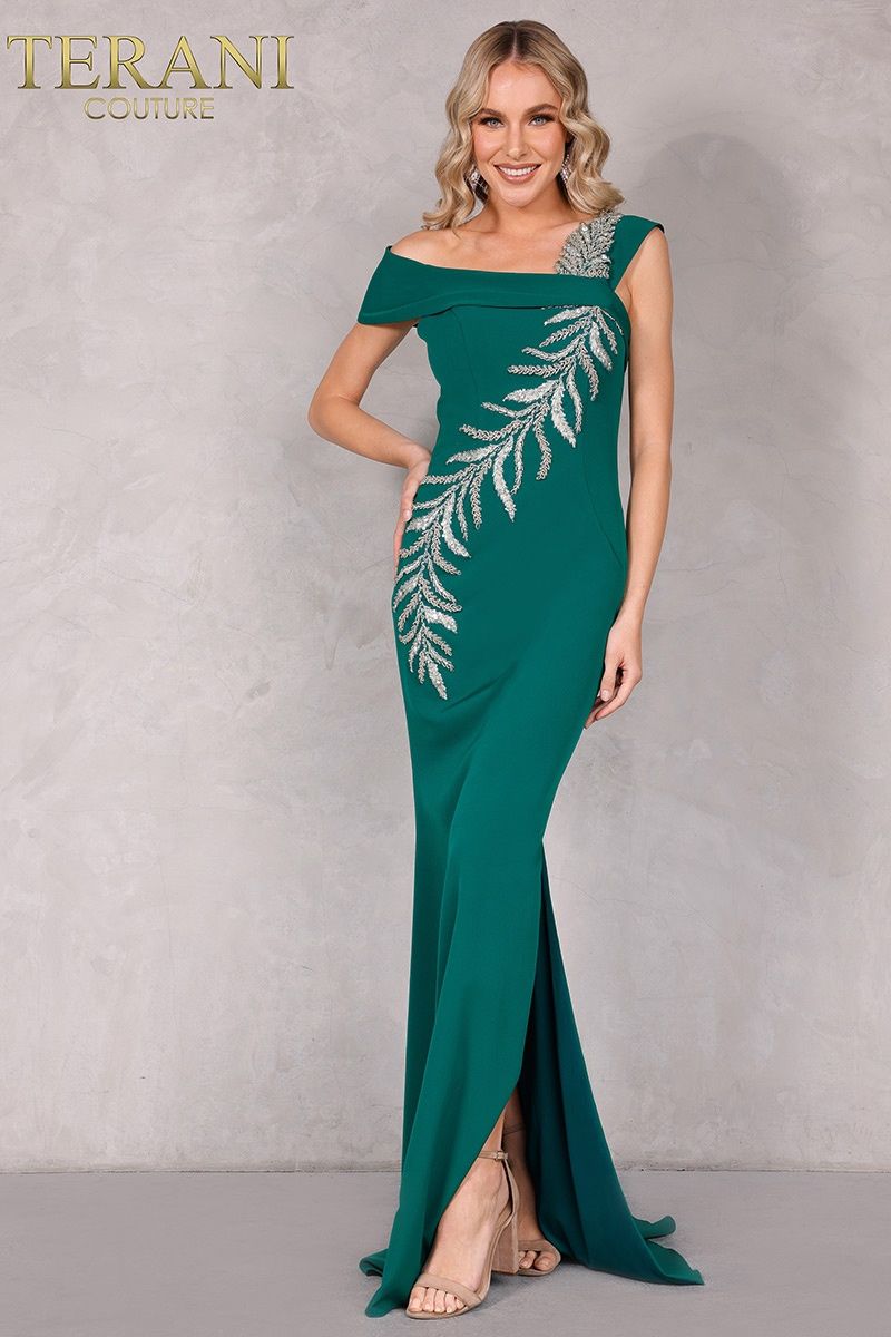 Style 2111M5289 Terani Couture Size 14 Emerald Green Side Slit Dress on Queenly