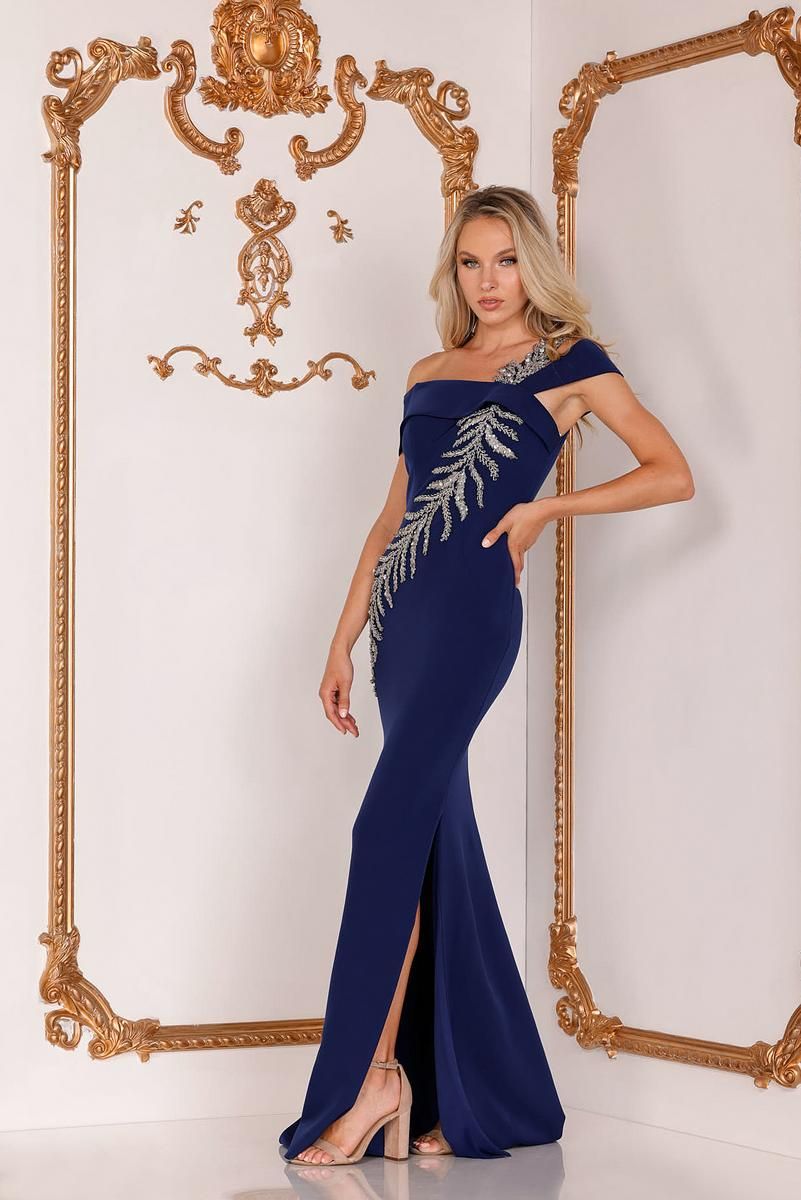 Style 2111M5289 Terani Couture Size 10 Navy Blue Side Slit Dress on Queenly