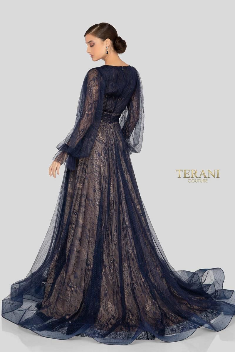 Style 1913M9414 Terani Couture Size 4 Pageant Navy Blue Side Slit Dress on Queenly