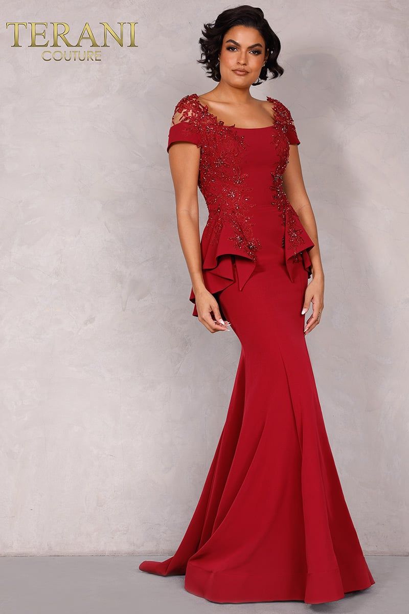 Style 2111M5262 Terani Couture Size 6 Pageant Burgundy Red Mermaid Dress on Queenly