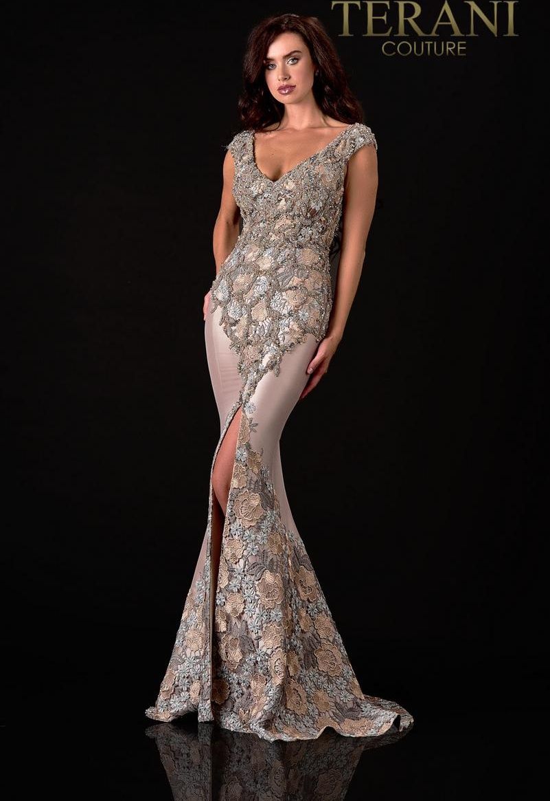 Style 2111M5302 Terani Couture Size 4 Prom Satin Nude Mermaid Dress on Queenly