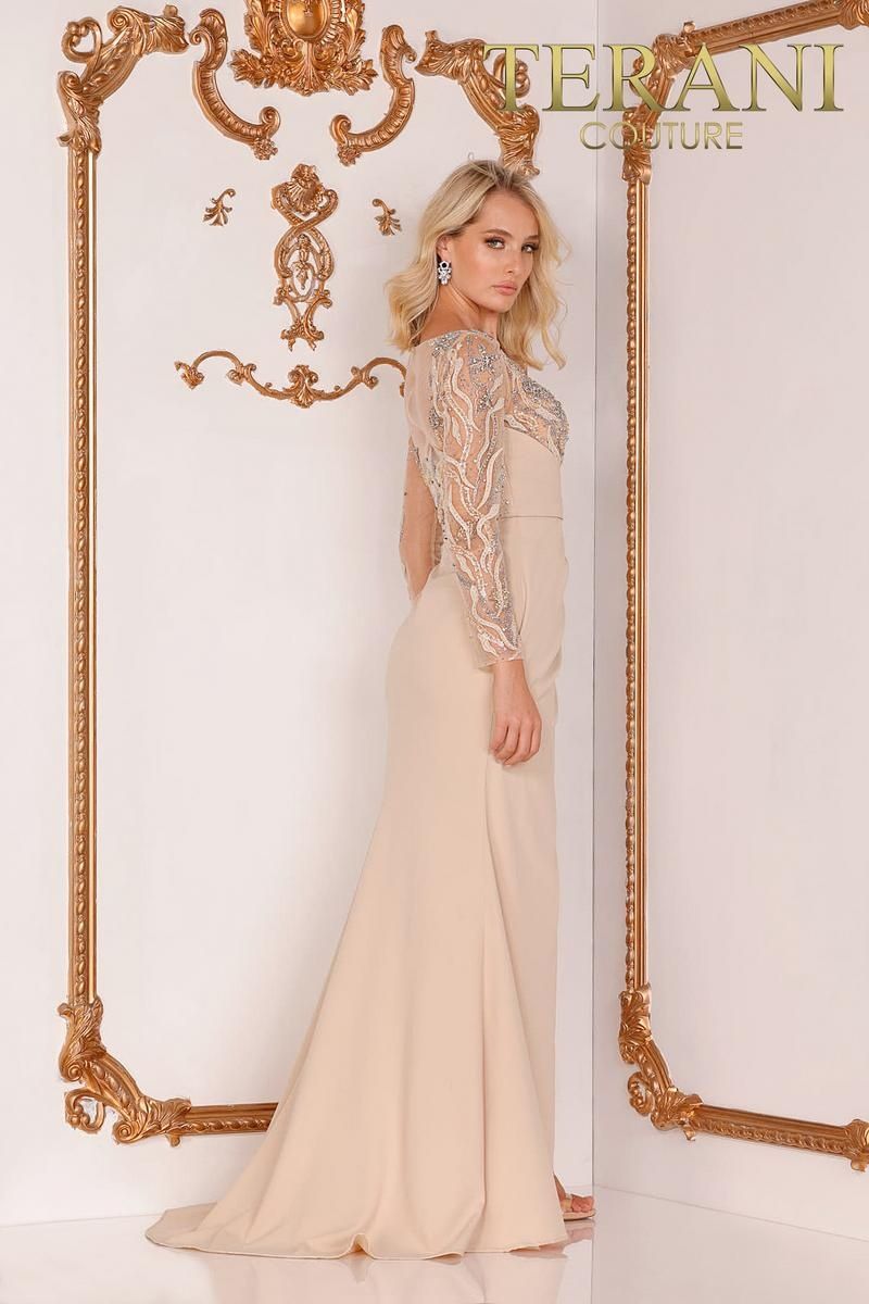 Style 2111M5266 Terani Couture Size 4 Prom Sequined Nude Side Slit Dress on Queenly