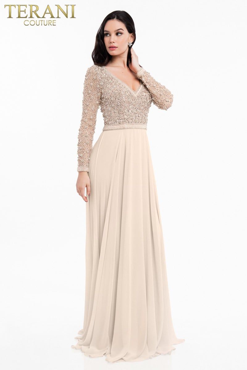 Style 1821M7590 Terani Couture Size 4 Prom Sequined Nude Ball Gown on Queenly