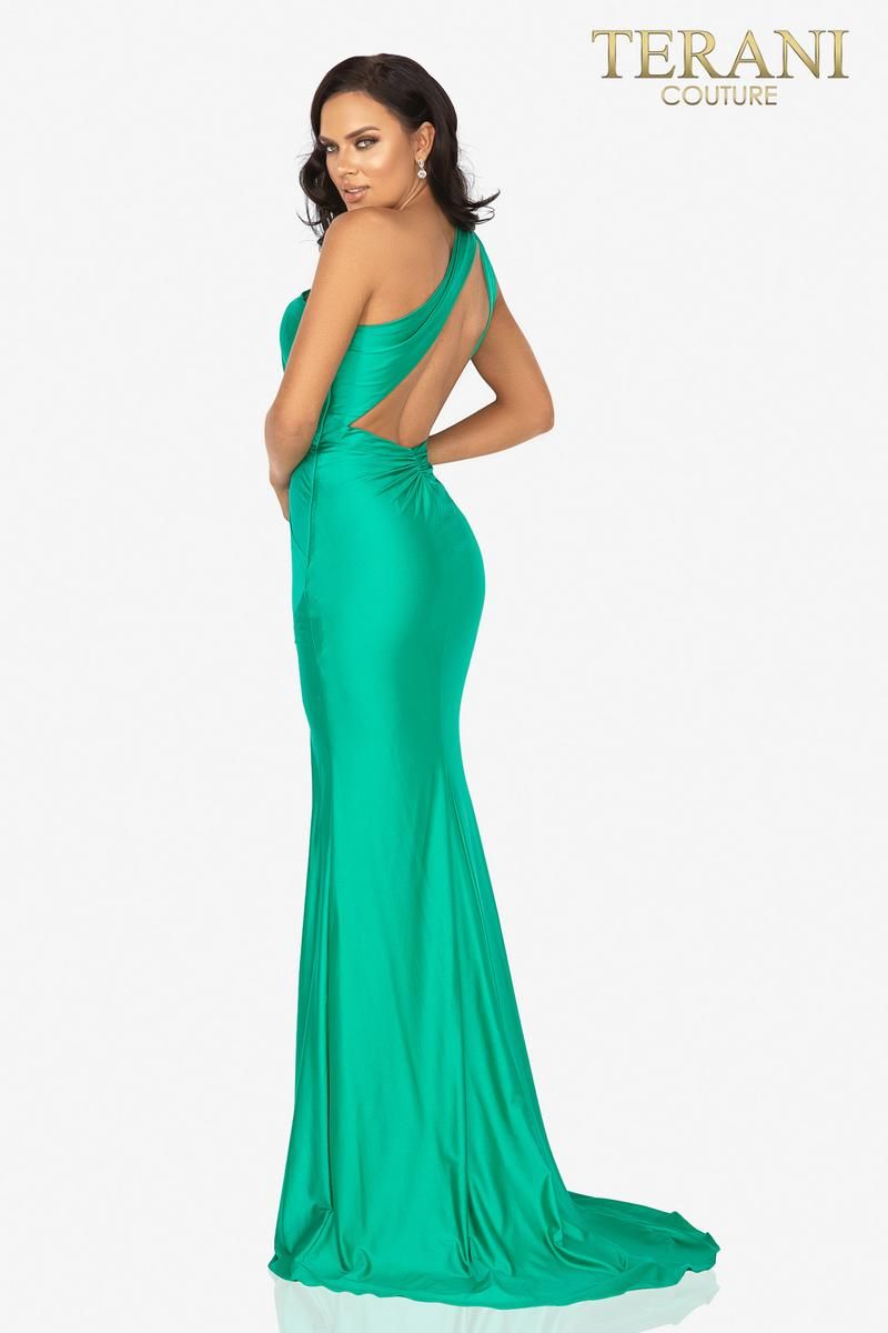 Style 2011P1066 Terani Couture Size 4 Emerald Green Side Slit Dress on Queenly