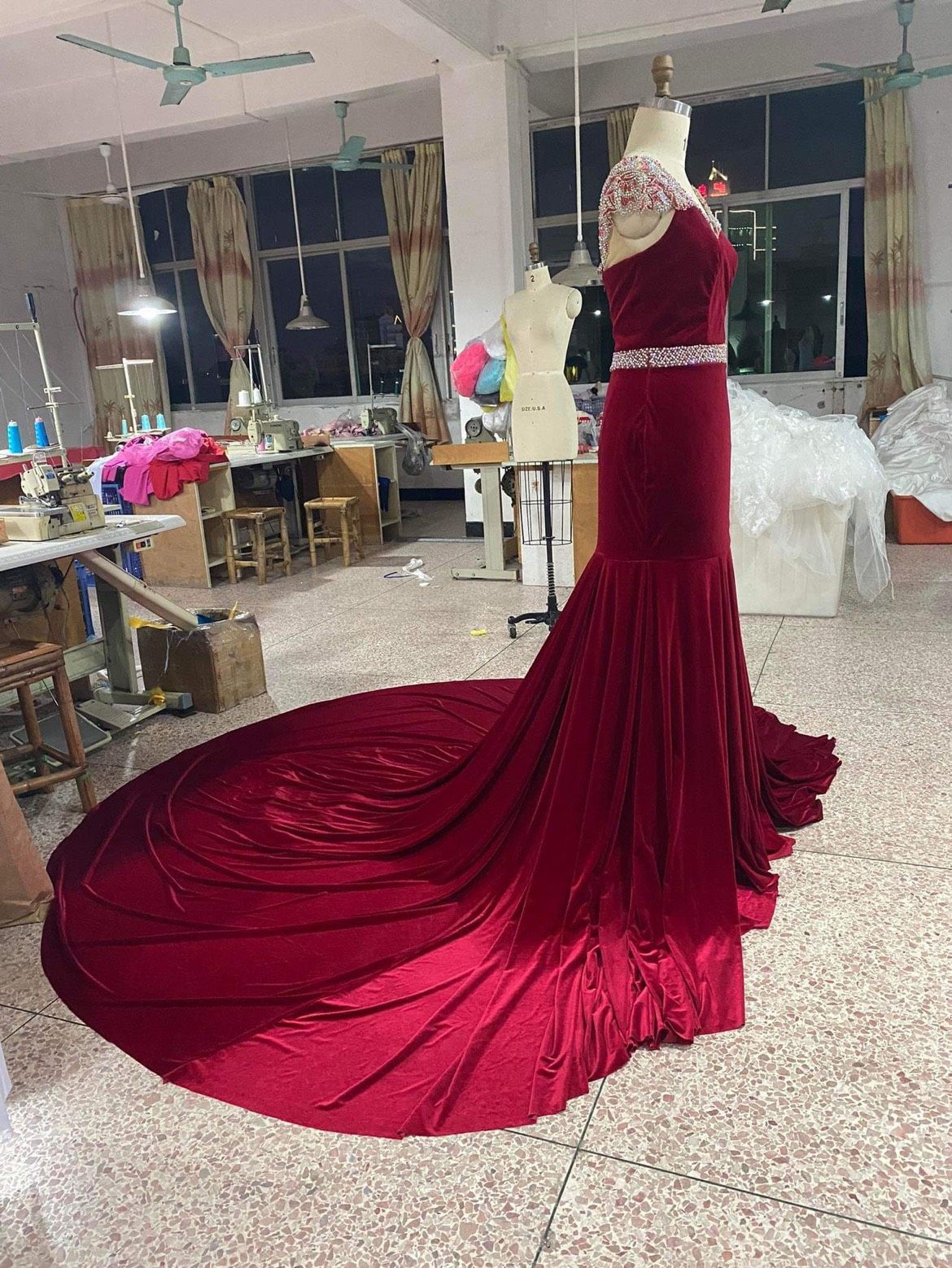 Custom Size 12 Prom Velvet Red A-line Dress on Queenly