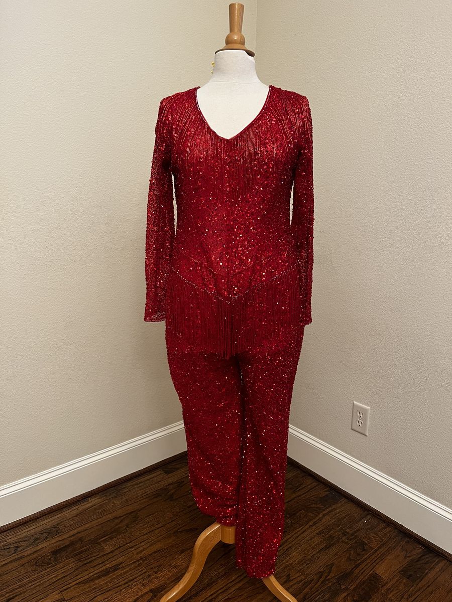 Style C2022-Lowman long sleeve beaded pant suit Darius Cordell Size 12 Long Sleeve Red Formal Jumpsuit on Queenly